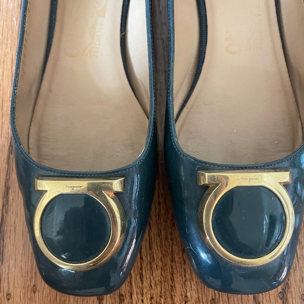 Salvatore Ferragamo Square Toe Patent Leather Flats, size 6.5